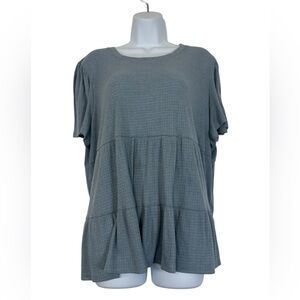 Fred David Ribbed Babydoll Top 2X Blue Tiered Flowy Short Sleeve